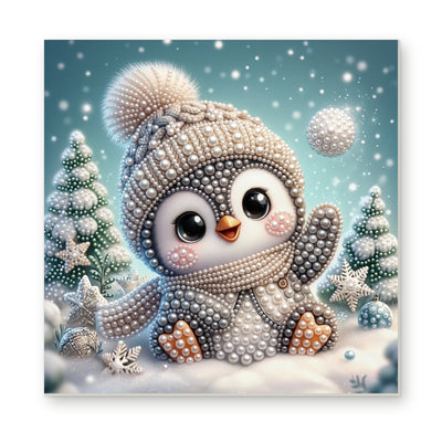 Straight dimensional white-background mockup of the complete artwork — Baby Penguin in a Snowy Forest. Pearl diamond painting DIY kit by Isuvio.