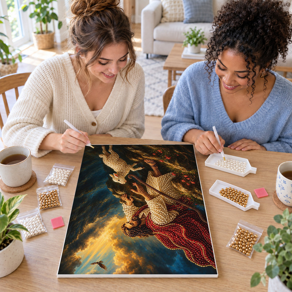 Two friends creating one shared Pearl artwork — Jesus Reaching for a Lamb on a Rocky Ledge. Pearl diamond painting DIY kit by Isuvio.
