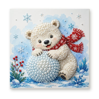 Straight dimensional white-background mockup of the complete artwork — Polar Bear Cub Hugging a Snowball. Pearl diamond painting DIY kit by Isuvio.