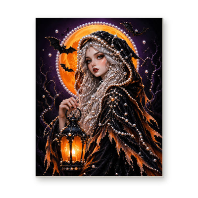Straight dimensional white-background mockup of the complete artwork — Silver-Haired Enchantress with a Lantern. Pearl diamond painting DIY kit by Isuvio.