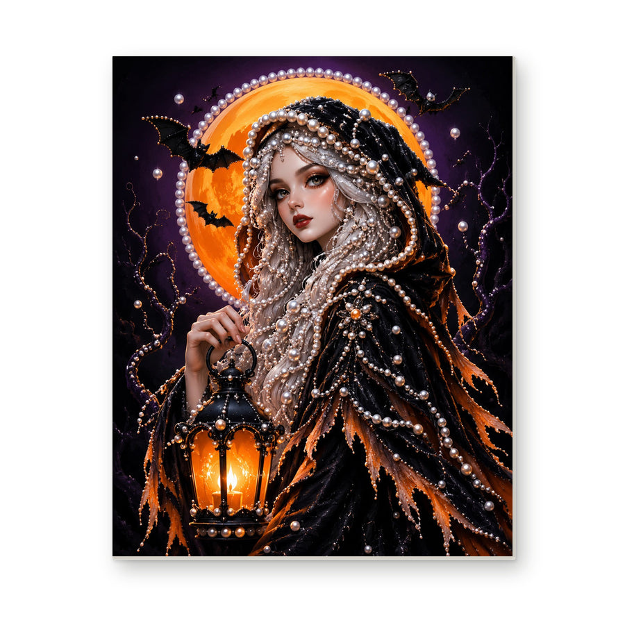Straight dimensional white-background mockup of the complete artwork — Silver-Haired Enchantress with a Lantern. Pearl diamond painting DIY kit by Isuvio.