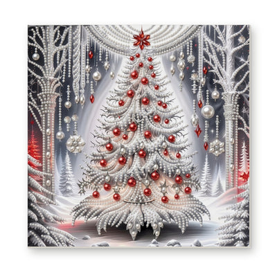 Straight dimensional white-background mockup of the complete artwork — Pearl Christmas Tree among White Birches. Pearl diamond painting DIY kit by Isuvio.