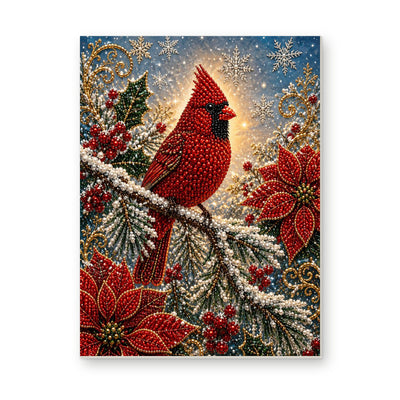Straight dimensional white-background mockup of the complete artwork — Red Cardinal Among Poinsettias and Snowy Branches. Pearl diamond painting DIY kit by Isuvio.