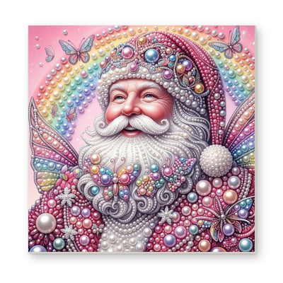 Straight dimensional white-background mockup of the complete artwork — Pink Fairy Santa beneath a Rainbow. Pearl diamond painting DIY kit by Isuvio.