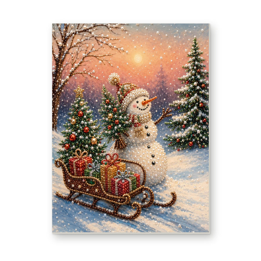 Straight dimensional white-background mockup of the complete artwork — Snowman and Gift Sleigh at Winter Sunset. Pearl diamond painting DIY kit by Isuvio.