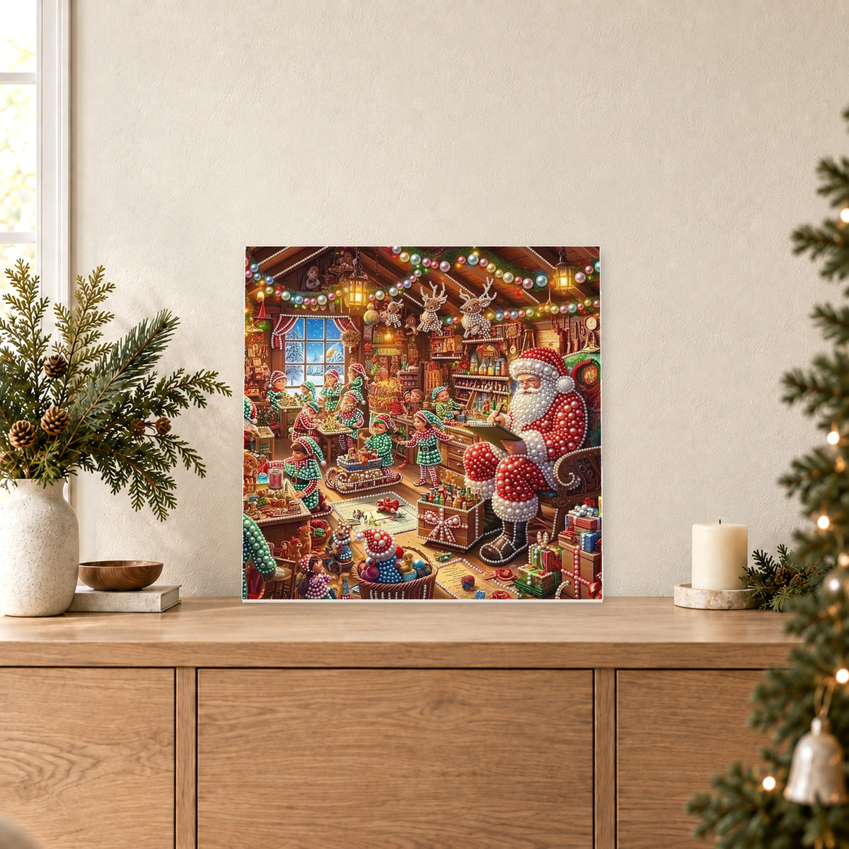 Père Noël consultant sa liste dans l'atelier de jouets