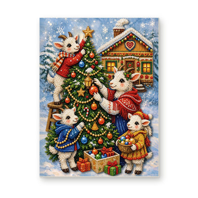 Straight dimensional white-background mockup of the complete artwork — Little Lambs Decorating a Christmas Tree. Pearl diamond painting DIY kit by Isuvio.