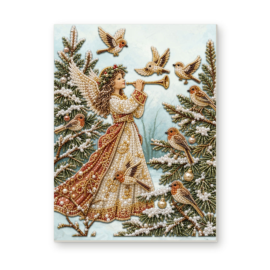 Straight dimensional white-background mockup of the complete artwork — Christmas Angel Playing a Trumpet. Pearl diamond painting DIY kit by Isuvio.