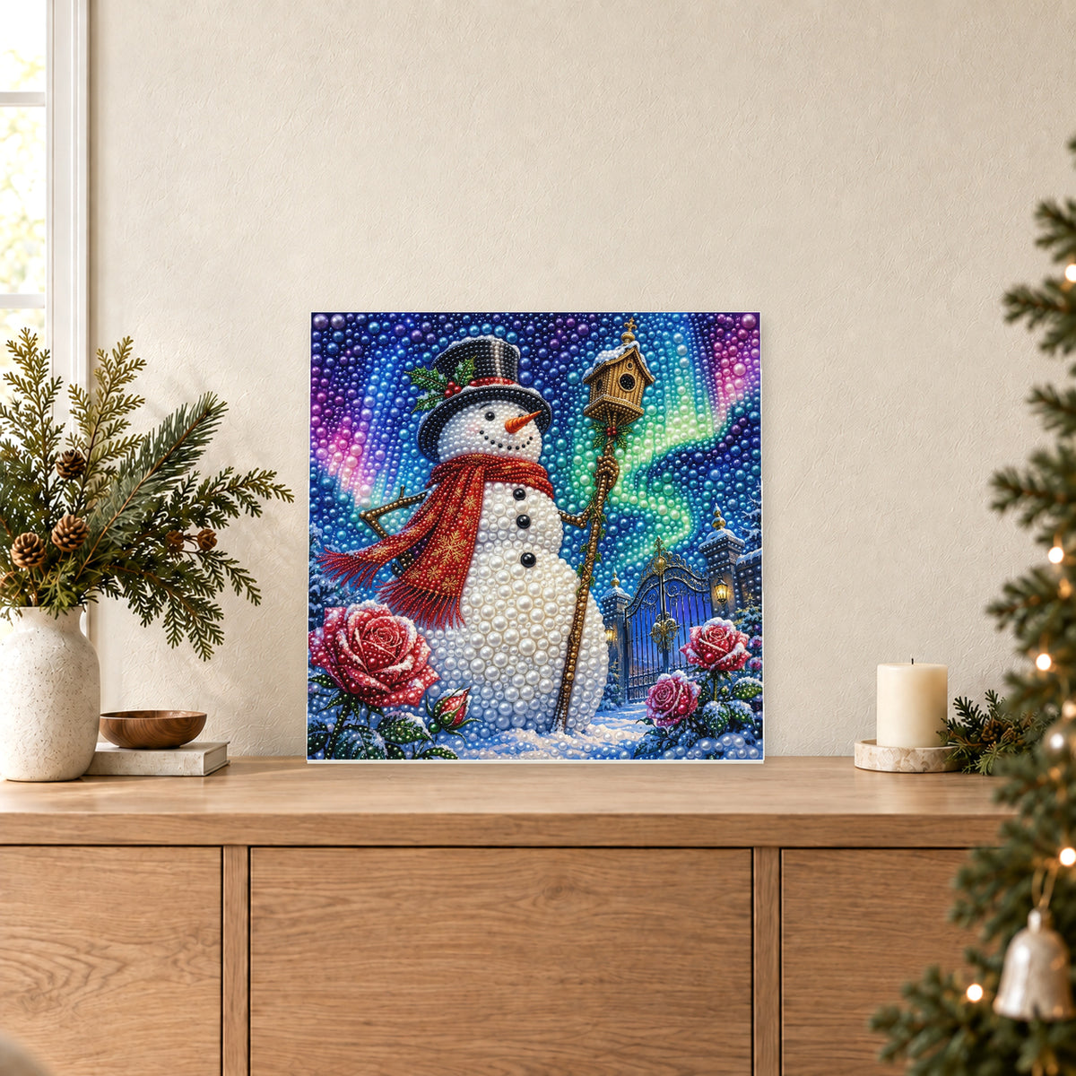Snowman with a Birdhouse beneath the Aurora