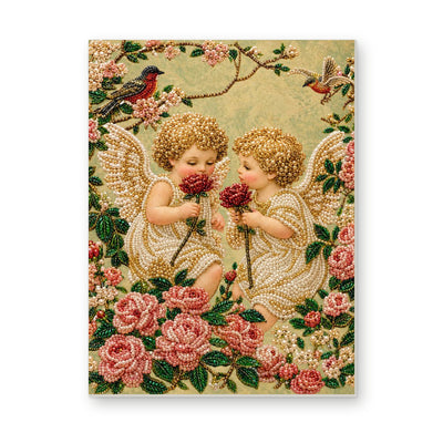 Straight dimensional white-background mockup of the complete artwork — Two Cherubs Among Pink Roses and Birds. Pearl diamond painting DIY kit by Isuvio.