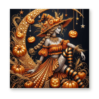 Straight dimensional white-background mockup of the complete artwork — Pumpkin Witch on a Golden Crescent Moon. Pearl diamond painting DIY kit by Isuvio.