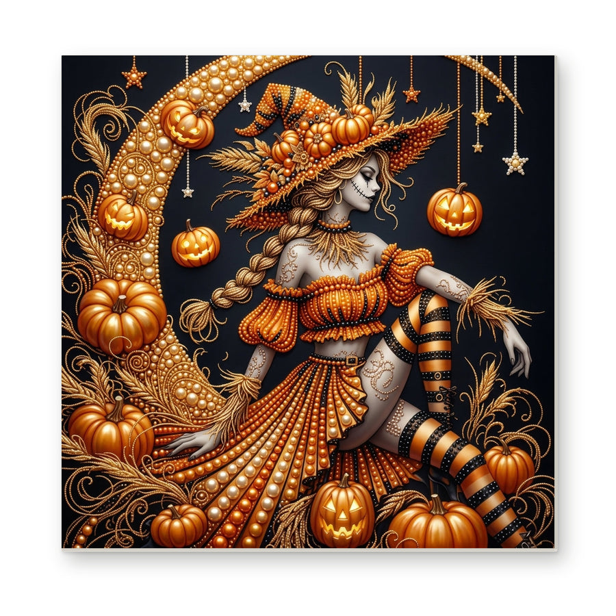 Straight dimensional white-background mockup of the complete artwork — Pumpkin Witch on a Golden Crescent Moon. Pearl diamond painting DIY kit by Isuvio.