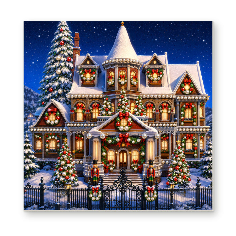 Straight dimensional white-background mockup of the complete artwork — Grand Victorian Christmas House Under the Stars. Pearl diamond painting DIY kit by Isuvio.
