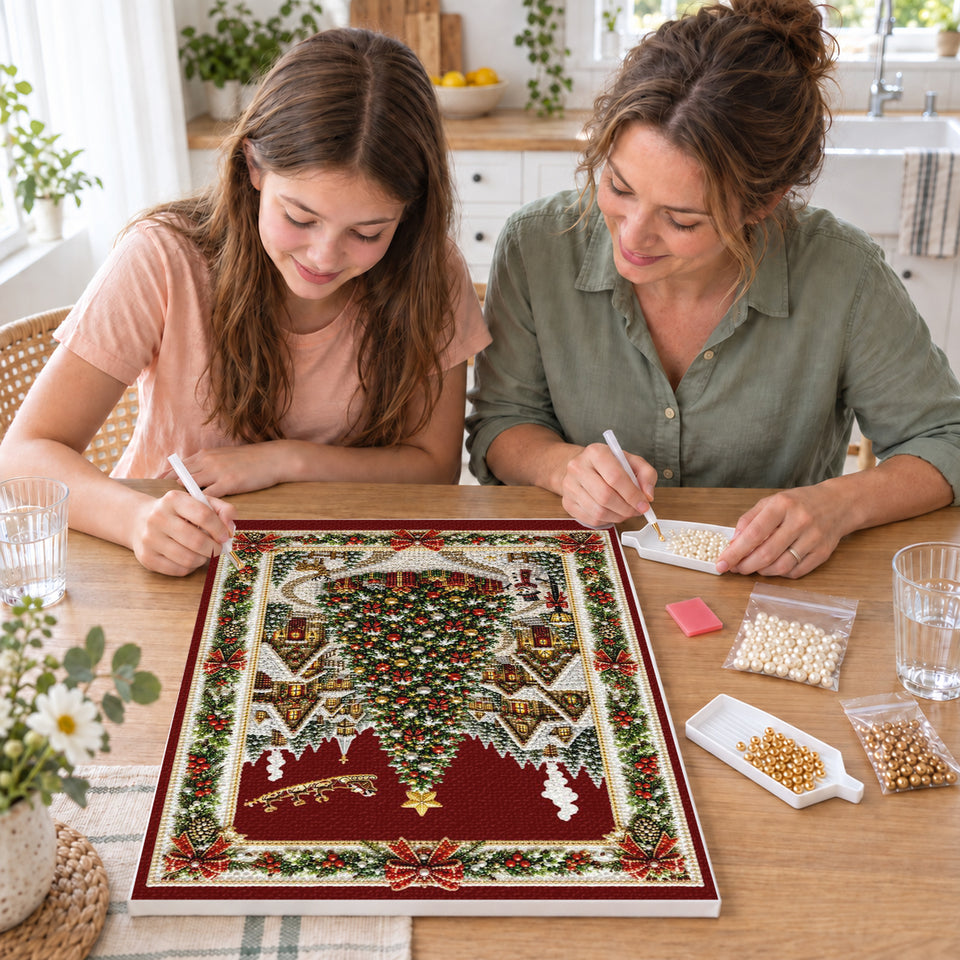 Mother and daughter creating one shared Pearl artwork — Christmas Village Tree and Red Bows. Pearl diamond painting DIY kit by Isuvio.