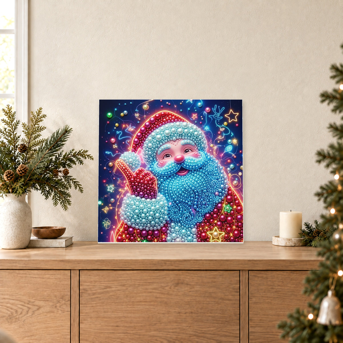 Papá Noel de barba azul entre estrellas navideñas