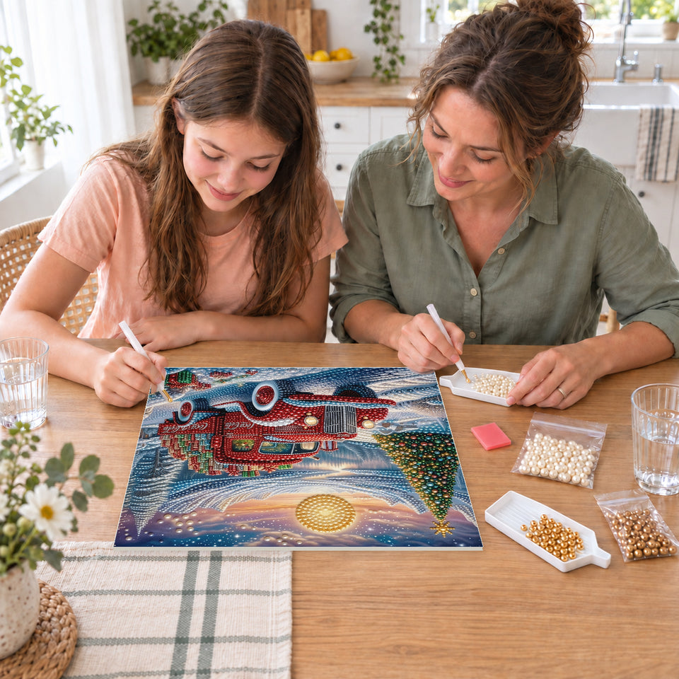 Mother and daughter creating one shared Pearl artwork — Red Christmas Truck beside a Mountain Lake. Pearl diamond painting DIY kit by Isuvio.