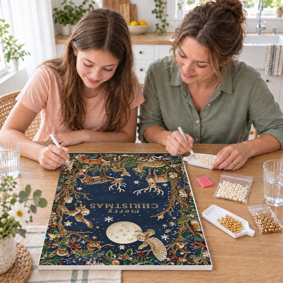 Mother and daughter creating one shared Pearl artwork — Moonlit Woodland Christmas with Deer and Foxes. Pearl diamond painting DIY kit by Isuvio.