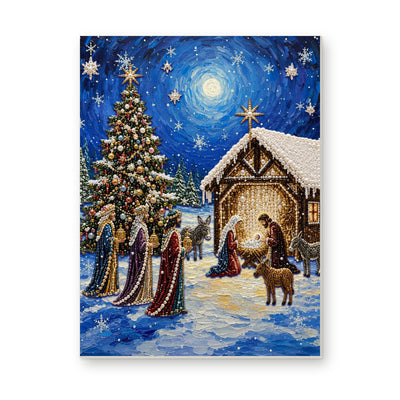 Straight dimensional white-background mockup of the complete artwork — Starry Night Nativity Village. Pearl diamond painting DIY kit by Isuvio.