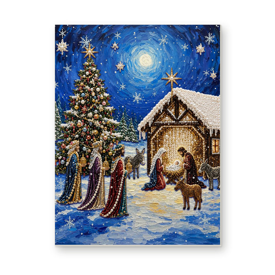 Straight dimensional white-background mockup of the complete artwork — Starry Night Nativity Village. Pearl diamond painting DIY kit by Isuvio.