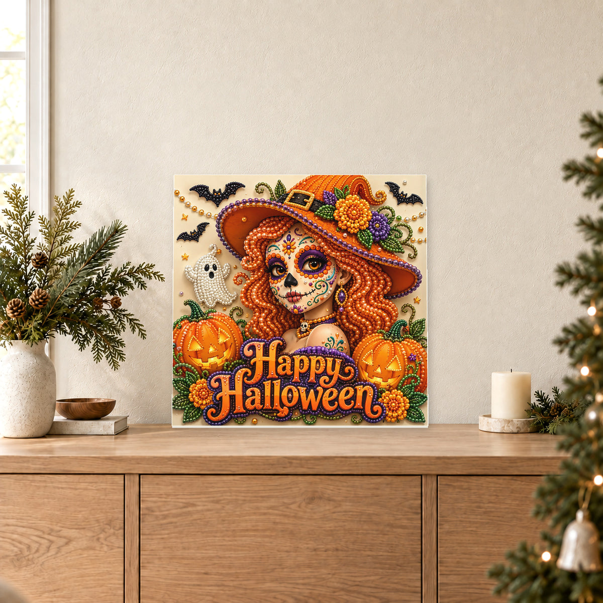 ساحرة جمجمة السكر مع عبارة Happy Halloween