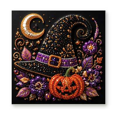 Straight dimensional white-background mockup of the complete artwork — Purple-Banded Witch Hat with a Pumpkin. Pearl diamond painting DIY kit by Isuvio.