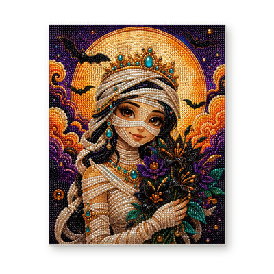 Straight dimensional white-background mockup of the complete artwork — Mummy Princess with a Crown and Autumn Bouquet. Pearl diamond painting DIY kit by Isuvio.