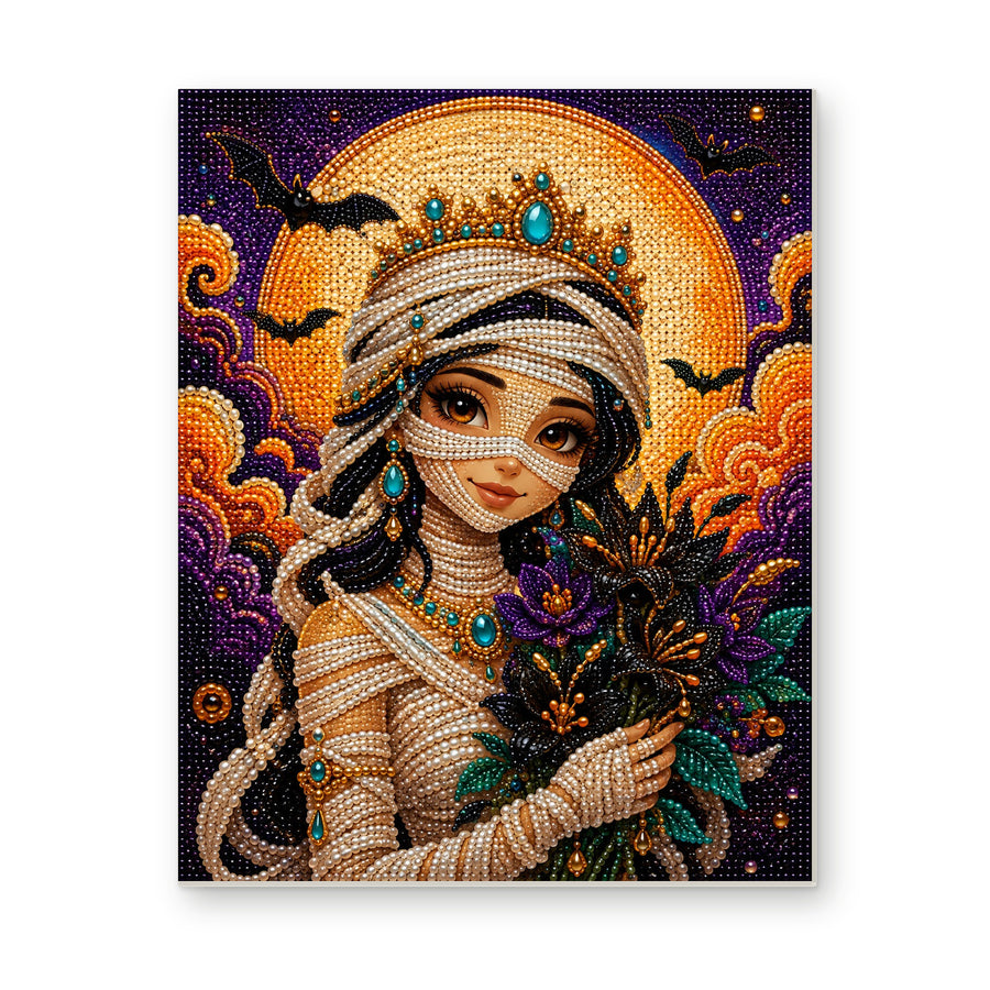 Straight dimensional white-background mockup of the complete artwork — Mummy Princess with a Crown and Autumn Bouquet. Pearl diamond painting DIY kit by Isuvio.