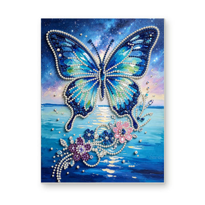 Straight dimensional white-background mockup of the complete artwork — Blue Butterfly Above Ocean Waves and Flowers. Pearl diamond painting DIY kit by Isuvio.