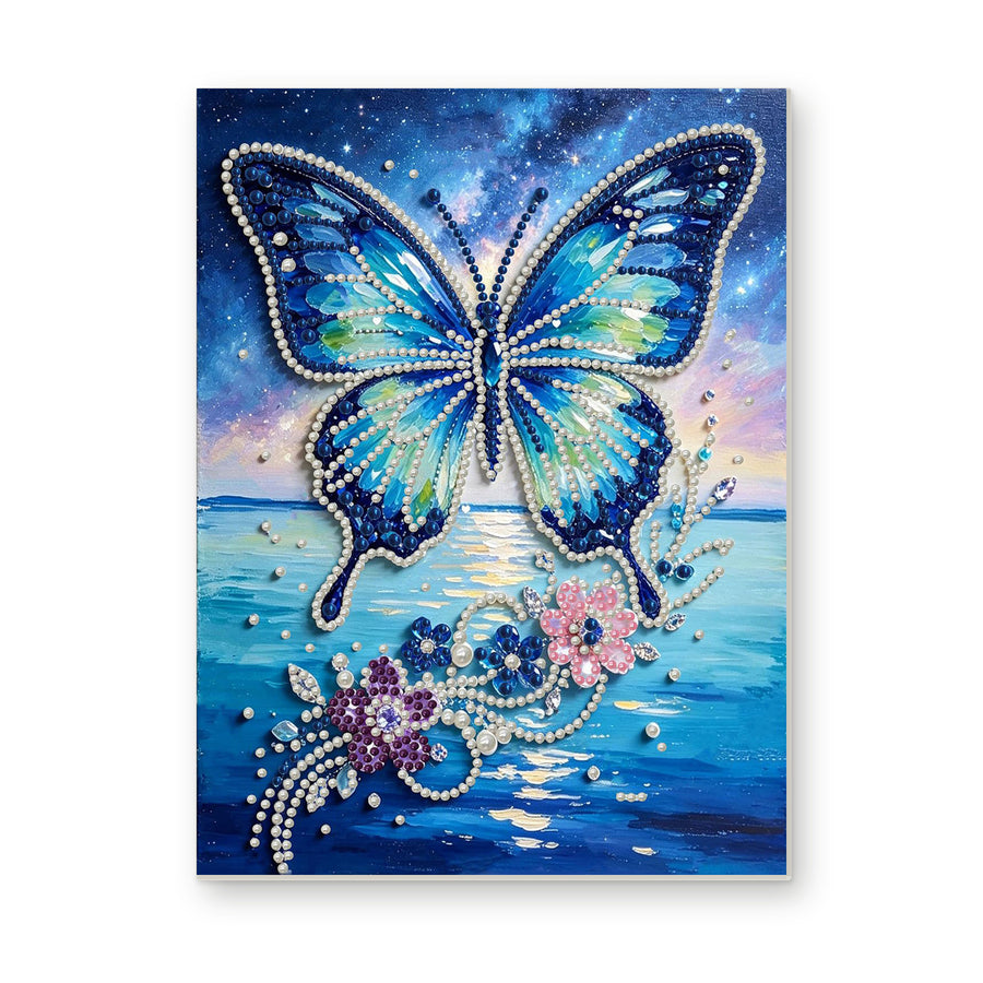 Straight dimensional white-background mockup of the complete artwork — Blue Butterfly Above Ocean Waves and Flowers. Pearl diamond painting DIY kit by Isuvio.