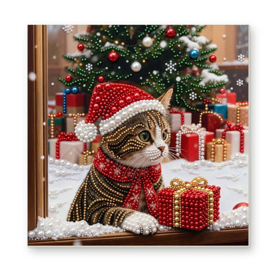 Straight dimensional white-background mockup of the complete artwork — Christmas Kitten on a Window Ledge. Pearl diamond painting DIY kit by Isuvio.