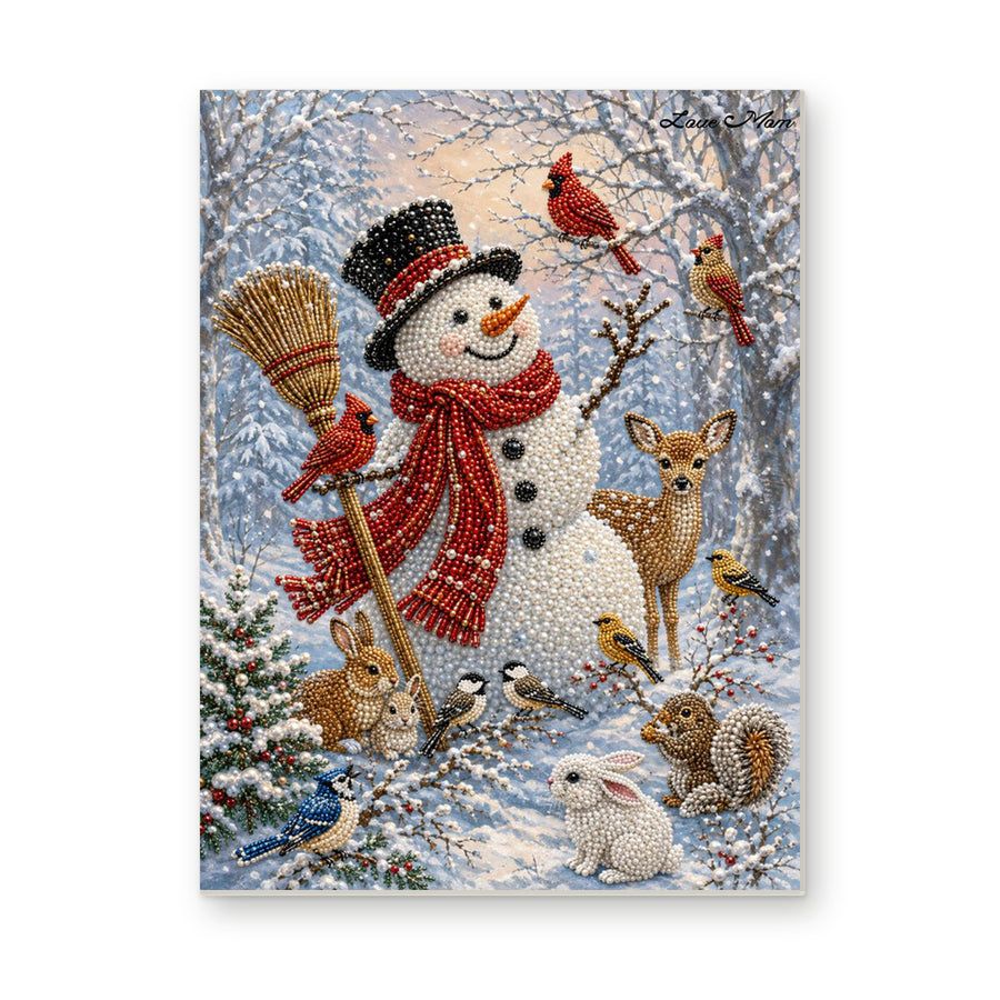 Straight dimensional white-background mockup of the complete artwork — Woodland Snowman with Cardinals and Forest Friends. Pearl diamond painting DIY kit by Isuvio.