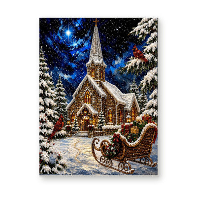 Straight dimensional white-background mockup of the complete artwork — Starry Christmas Church and Sleigh. Pearl diamond painting DIY kit by Isuvio.