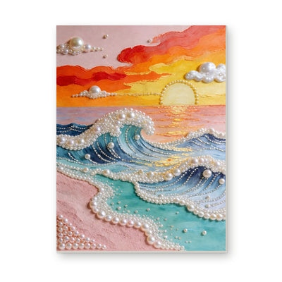 Straight dimensional white-background mockup of the complete artwork — Pastel Sunset Over Pearl Ocean Waves. Pearl diamond painting DIY kit by Isuvio.