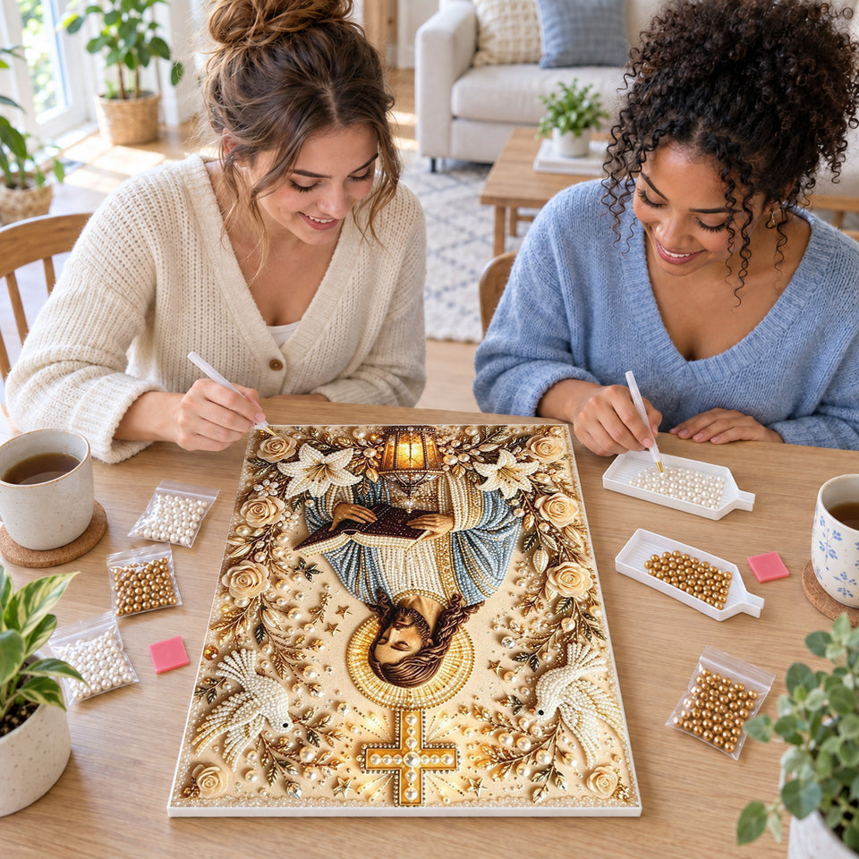 Two friends creating one shared Pearl artwork — Jesus Reading with Doves and White Lilies. Pearl diamond painting DIY kit by Isuvio.
