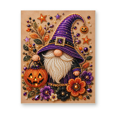 Straight dimensional white-background mockup of the complete artwork — Purple-Hatted Gnome with a Pumpkin Lantern. Pearl diamond painting DIY kit by Isuvio.
