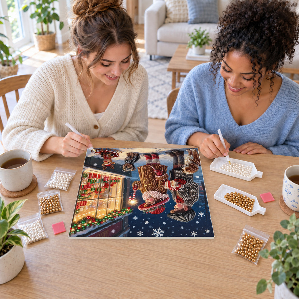 Two friends creating one shared Pearl artwork — Children at a Victorian Christmas Shop. Pearl diamond painting DIY kit by Isuvio.