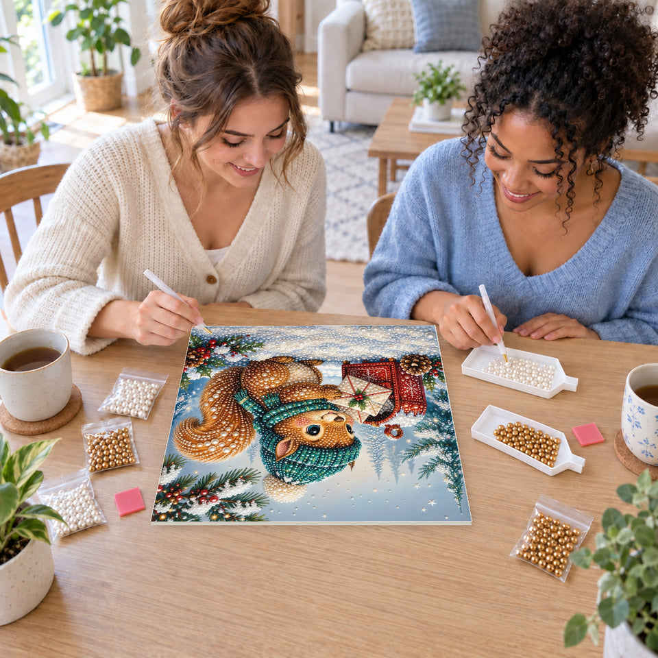 Two friends creating one shared Pearl artwork — Winter Squirrel Posting a Christmas Letter. Pearl diamond painting DIY kit by Isuvio.