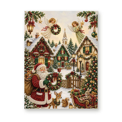 Straight dimensional white-background mockup of the complete artwork — Santa with a Wreath in a Snowy Village. Pearl diamond painting DIY kit by Isuvio.