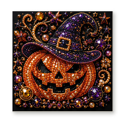 Straight dimensional white-background mockup of the complete artwork — Grinning Pumpkin in a Purple Witch Hat. Pearl diamond painting DIY kit by Isuvio.