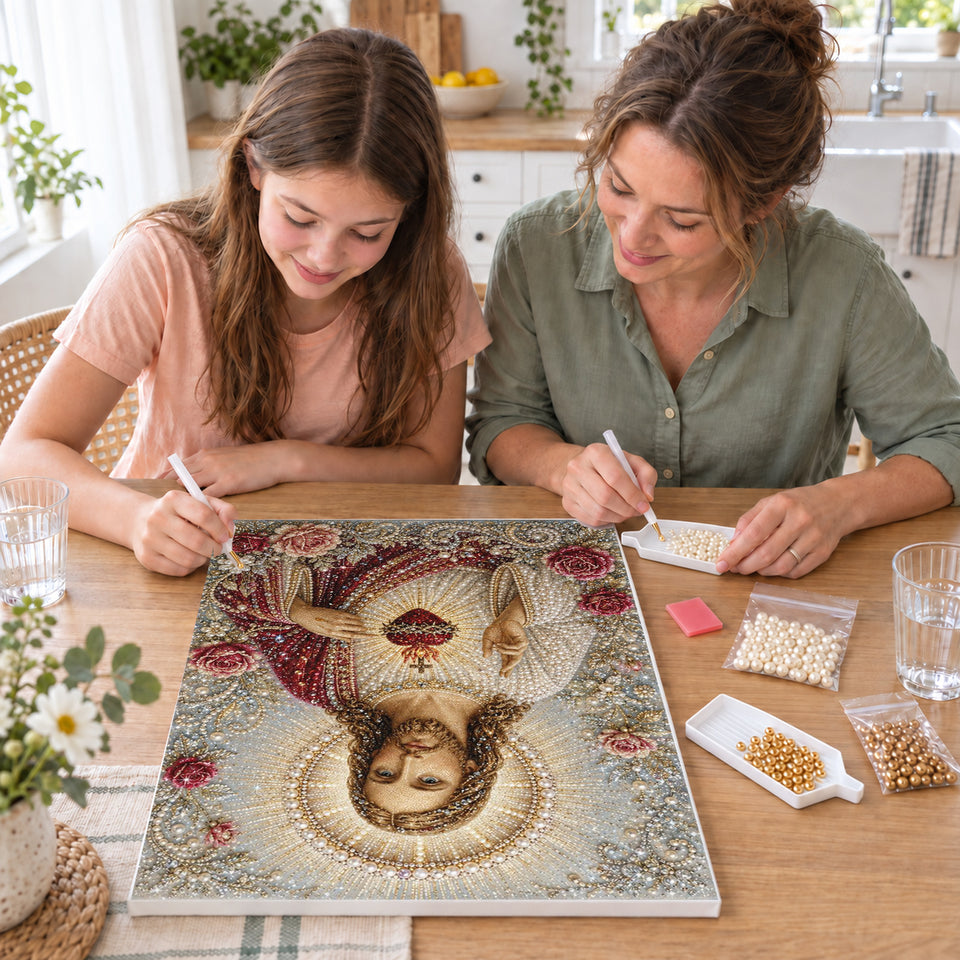 Mother and daughter creating one shared Pearl artwork — Sacred Heart of Jesus with Roses and a Pearl Halo. Pearl diamond painting DIY kit by Isuvio.