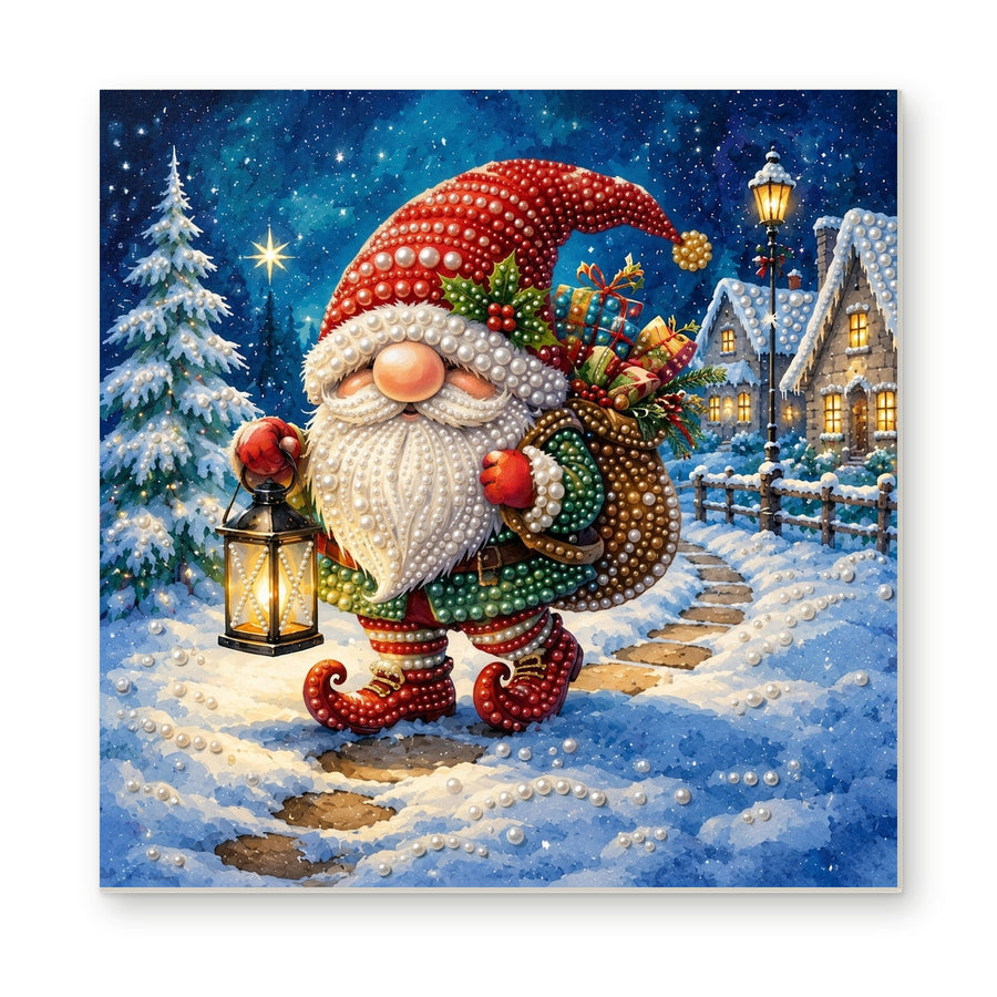 Straight dimensional white-background mockup of the complete artwork — Christmas Gnome on a Snowy Village Walk. Pearl diamond painting DIY kit by Isuvio.