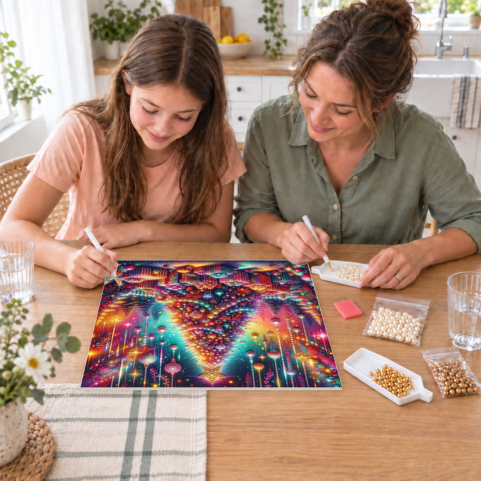 Mother and daughter creating one shared Pearl artwork — Rainbow Christmas Tree on a Starry Night. Pearl diamond painting DIY kit by Isuvio.