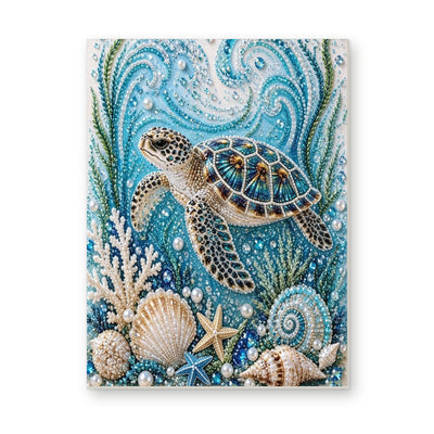 Straight dimensional white-background mockup of the complete artwork — Sea Turtle Among Turquoise Waves and Seashells. Pearl diamond painting DIY kit by Isuvio.