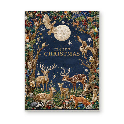 Straight dimensional white-background mockup of the complete artwork — Moonlit Woodland Christmas with Deer and Foxes. Pearl diamond painting DIY kit by Isuvio.