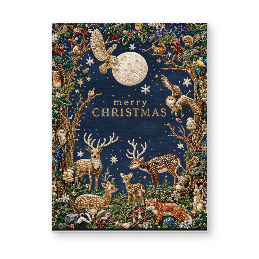 Straight dimensional white-background mockup of the complete artwork — Moonlit Woodland Christmas with Deer and Foxes. Pearl diamond painting DIY kit by Isuvio.