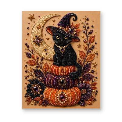 Straight dimensional white-background mockup of the complete artwork — Black Cat on Stacked Pumpkins Beneath a Crescent Moon. Pearl diamond painting DIY kit by Isuvio.