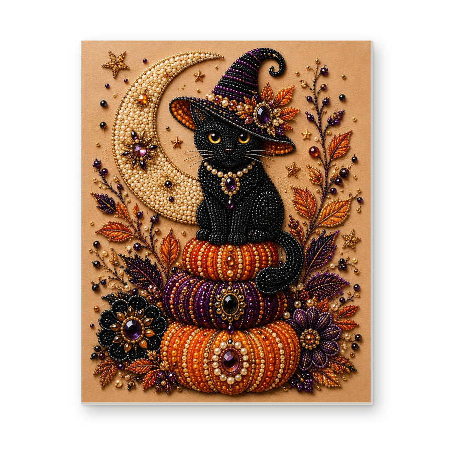 Straight dimensional white-background mockup of the complete artwork — Black Cat on Stacked Pumpkins Beneath a Crescent Moon. Pearl diamond painting DIY kit by Isuvio.