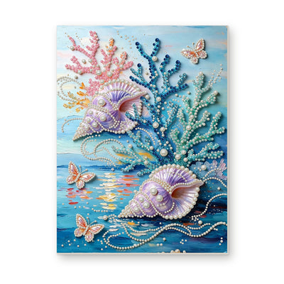 Straight dimensional white-background mockup of the complete artwork — Purple Seashells Among Colorful Coral. Pearl diamond painting DIY kit by Isuvio.