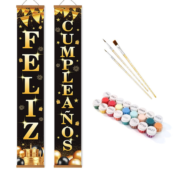 Paint By Numbers KitPorch Sign - Feliz Cumpleaños Gold Letters - isuvio