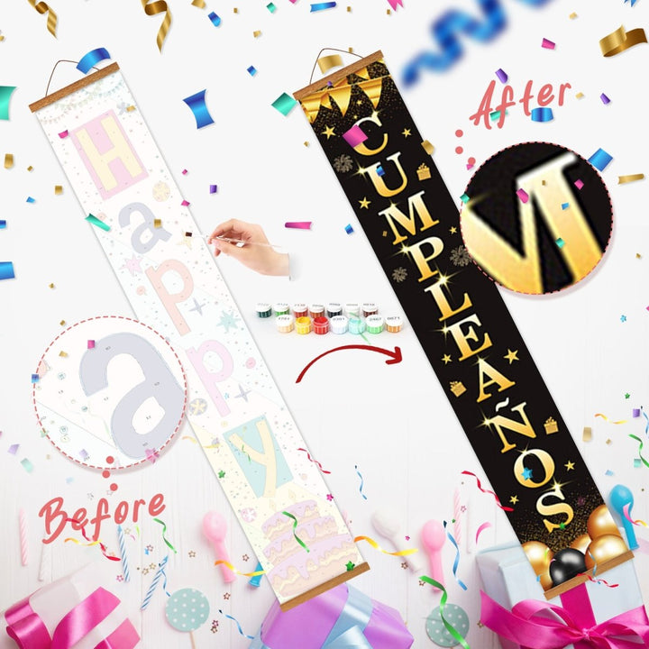 Paint By Numbers KitPorch Sign - Feliz Cumpleaños Gold Letters - isuvio